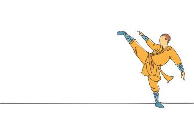 Tek bir çizgi genç enerjik şaolin keşiş adam tapınak vektör illüstrasyonunda dövüşerek kung fu yapıyor. Antik Çin dövüş sporları konsepti. Modern sürekli çizgi çizimi tasarımı