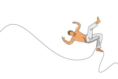 Brezilya capoeira dansı yapan genç sporcu adamın tek sıra çizimi. Açık havada. Kültür dövüş sanatı ve spor konsepti. Bir satır çizimi tasarım vektörü illüstrasyonu
