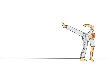 Capoeira 'nın sürekli çizdiği bir çizgi genç sporcu Brezilyalı savaşçı Capoeira' yı sahilde eğitiyor. Sağlıklı geleneksel dövüş sporu konsepti. Dinamik tek çizgi çizimi tasarım vektörü illüstrasyonu