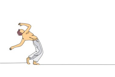 Genç enerjik erkek capoeira dansçısının dans dövüş grafik çizimi. Geleneksel dövüş sanatları yaşam tarzı spor konsepti. Modern sürekli çizgi çizimi tasarımı