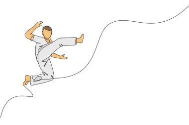 Genç enerjik erkek capoeira dansçısının çizdiği tek bir çizgi dans dövüş vektörü çizimi. Geleneksel dövüş sanatları yaşam tarzı spor konsepti. Modern sürekli çizgi çizimi tasarımı