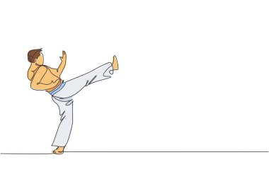 Genç ve sportif Brezilyalı dövüşçüyü sahilde capoeira antrenmanına çeken bir çizgi. Sağlıklı geleneksel dövüş sporu konsepti. Dinamik tek çizgi grafik tasarım vektörü illüstrasyonu