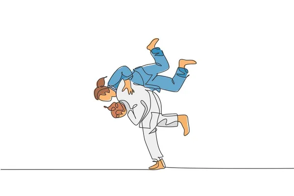Una Sola Línea Continua Que Dibuja Dos Mujeres Luchadoras Judoka — Vector de stock