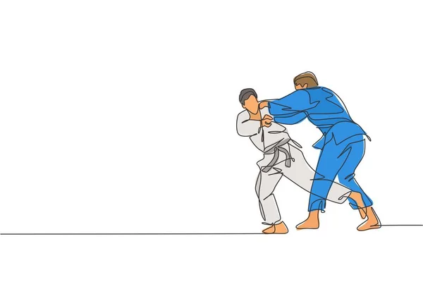 Una Sola Línea Dibujo Dos Jóvenes Hombres Combate Judokas Enérgicos — Vector de stock