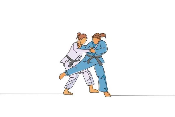 Одна Сплошная Линия Которой Две Юные Спортсменки Тренируют Технику Дзюдо — стоковый вектор