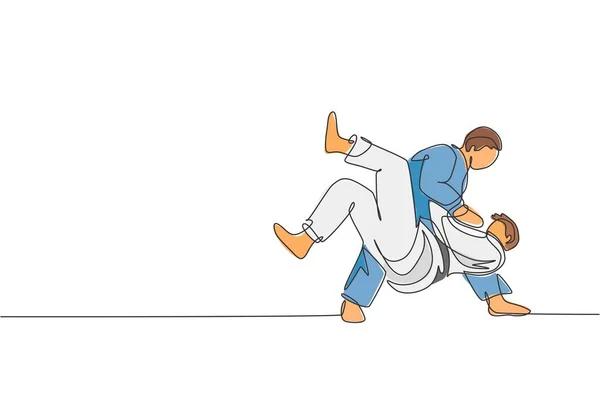Один Сплошной Розыгрыш Линии Двух Юных Спортсменов Тренирующих Технику Дзюдо — стоковый вектор