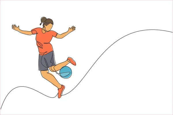 一行画着年轻快乐的女子表演足球自由泳 在城市广场上玩杂耍球矢量图解 足球自由人运动的概念 现代连续线条绘图设计 — 图库矢量图片