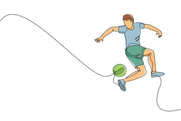 ストリートでヒールでボールをジャグリングする若いスポーティーな男性サッカーフリースタイルプレーヤーの練習の1つの連続線画 サッカーフリースタイルのスポーツコンセプト 1本の線画ベクトル図 — ストックベクタ