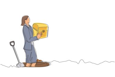 Sürekli bir çizgi çizerek mutlu kadın avcısı sandığı tutuyor ve yerde hazine buluyor. Mücevher eseriyle heyecanlı bir iş kadını. Hazine avı. Tek çizgi tasarım vektör grafik çizimi