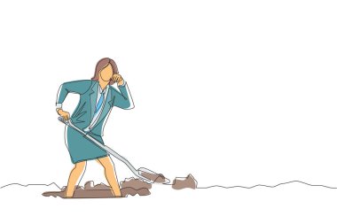 Sürekli bir çizgi çizen iş kadını çukur kazarken alnına terini siliyor. İşçi işini bitirmek için asla vazgeçmez. Sıkı çalış konsept. Tek çizgi çizimi tasarım vektörü grafik çizimi