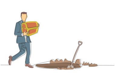 Tek sıra halinde yürüyen ve hazine sandığı tutan bir işadamı. İçinde bir sürü altın para olan hazine kutusu olan bir adam. İş metaforu. Aralıksız çizgi çizimi tasarım grafik vektör çizimi