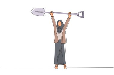 Tek sıra halinde duran ve koca küreği kaldıran Arap iş kadını. İş konsepti. Sıkı çalışmayı, başarıyı, başarıyı ve keşfi simgeler. Modern sürekli çizgi çizim grafik vektörü