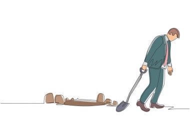 Tek sıra halinde yürüyen işadamı, kazılmış kürek çukurunu terk ederek durmadan yürüyordu. Adam kaleye ulaşmak için tüneli kazıyor. Vazgeçti ve denemekten vazgeçti. Bir çizgi grafik tasarım vektörü