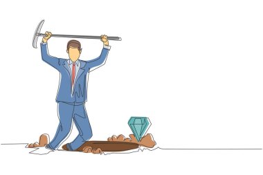 İki eliyle kazmayı kaldırırken ve elmas ya da değerli taş ararken deliklerde hoplayıp zıplayan genç işadamını sürekli çeken bir çizgi. Tek çizgi çizimi tasarım vektörü grafik çizimi