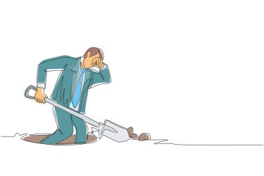 Çukur kazarken alnına sürekli ter çizen tek sıra. İşçi işini bitirmek için asla vazgeçmez. Sıkı çalış konsept. Bir çizgi çizimi grafik tasarım vektör çizimi