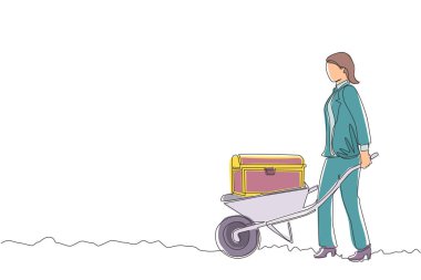 Tek sıra halinde, Arap işadamı hazine sandıklı el arabasını çekiyor. Altın, mücevher, hazine dolu el arabası. İş ve finans kavramı. Bir çizgi çizimi tasarım vektörü illüstrasyonu