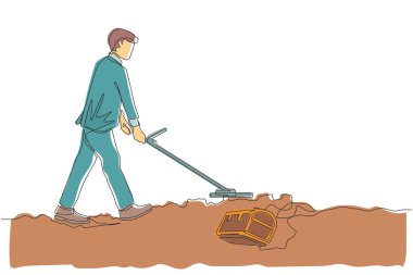 Tek sıra halinde metal dedektörlü bir işadamı hazine sandığı arıyor. Metal dedektörlü bir hazine avcısı değerli bir mücevher buluyor. Devamlı çizgi tasarımı grafik vektör illüstrasyonu