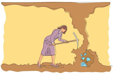 Tek sıra halinde, Arap işadamı kazmayla gizli hazineleri arıyor. Yeraltı tünelinde hazine sandığı kazan ve kazan bir adam. Devamlı çizgi çizimi grafik vektörü