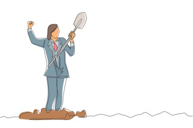 Tek sıra halinde kazılmış zeminde duran ve elinde kürek tutan mutlu bir Arap işadamı. Heyecanlı suratlı bir adam pislikte hazine bulur. Başarılı bir iş. Devamlı çizgi tasarım grafik vektörü