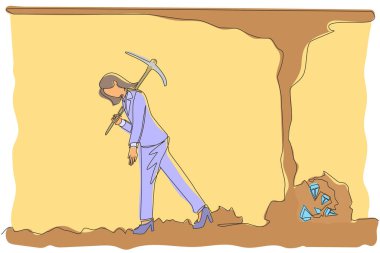 Paraya ve elmaslara ulaşmadan önce Arap işadamlarının pes etmelerini sağlayan bir çizgi. İşçi, değerli elmasın neredeyse ortaya çıkacağını bilmeden kazmaktan vazgeçiyor. Tek çizgi tasarım vektör çizimi