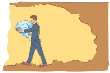 Yeraltından büyük elmaslar taşıyan bir iş adamını çekmeye devam ediyor. Elmas taşıyan biriyle hazine kazmak. Başarı, başarı konsepti. Tek çizgi tasarım vektör grafik çizimi