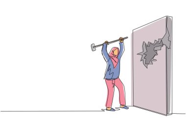 Arap iş kadınını sürekli çeken tek sıra kırılır ve çekiçle duvara vurur. Başarı için başarı yolu. Hedefe doğru bir atılım. İş dünyasının liderliği. Çok güçlü. Bir çizgi çizme tasarım vektörü