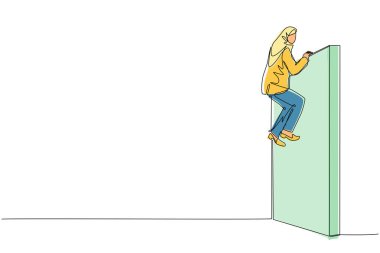 Sürekli olarak, Arap iş kadınlarını çeken bir çizgi onu engelleyen ve zorlukları yenen duvar engellerini aştı. Zafere ulaşmak için zorlukların üstesinden gelmek. Tek çizgi çizimi tasarım vektör çizimi