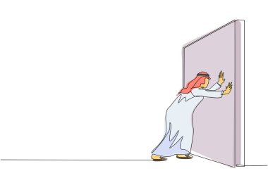 Aralıksız tek sıra halinde Arap işadamı duvarı itiyor. Başarılı bir kariyer ve beyin fırtınası, kariyer gelişimi ve problem çözümü, akıllı fikir, profesyonel gelişme. Tek çizgi çizme tasarım vektörü