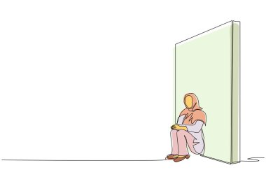 Aralıksız bir sıra Arap iş kadınını üzüyor yerde oturuyor ve duvara yaslanıyor. Başarısızlıktaki iş kavramı, üzgün, yalnız, iflas ya da olumsuz ifade. Tek çizgi tasarım vektörü