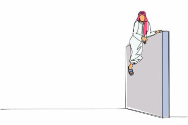 Arap işadamlarının çizdiği tek çizgi onu engelleyen ve zorlukları yenen engelleri aştı. Zafere ulaşmak için zorlukların üstesinden gelmek. Devamlı çizgi çizimi tasarım vektörü illüstrasyonu