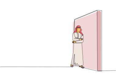 Sürekli bir sıra halinde duran Arap işadamı duvara yaslanıyor ve yeni bir işletme şirketi hakkında bir şeyler düşünüyor. Tam boy ya da vücut. Tek çizgi çizimi tasarım vektörü grafik çizimi