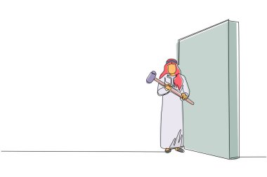 Tek sıra halinde duran Arap işadamı duvara bakarken elinde büyük bir çekiç tutuyor. Hedef başarı, iş stratejisi. Sorunların üstesinden başarıyla geldik. Bir çizgi çizme tasarım vektörü