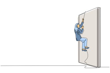 Arap iş kadınının halatla duvara tırmanmasıyla tek sıra iş kararlılığı kavramı. Hırs, motivasyon, kariyer gelişimi, başarı, güç. Devamlı çizgi çizim tasarım vektörü