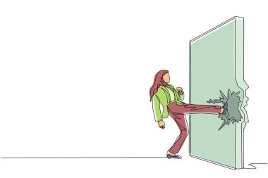 Sürekli bir çizgi halinde, Arap iş kadını tuğla duvarı yıkmak için kung fu ya da karate tekmesi atıyor. Engel ve çözüm gibi iş kavramları. Zorla engelleme mahvoldu. Tek çizgi çizme tasarım vektörü