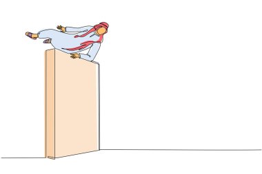 Yeni bir deneyim, eğlence ve heyecan kazanmak için Arap işadamlarının duvardan atladığı tek sıra. Hayat farklı şeyler denerken başlar. Bir çizgi grafik tasarım vektörü