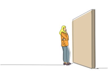 Büyük bir engel veya duvarın arkasında düşünen Arap iş kadını çizen tek satır. Risk yönetimini temsil ediyorum. Çözüm bulmak ve problem çözme kavramı. Devamlı çizgi çizim tasarım vektörü
