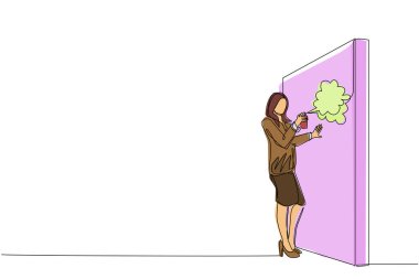 Bir satırda işkadını duvarlara kâr grafiği çiziyor. İş ve başarı metaforu. Kariyer gelişimi alegorisi. Aralıksız çizgi çizimi tasarım grafik vektör çizimi