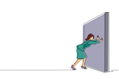 Tek sıra halinde iş kadını duvarı zorluyor. Başarılı bir kariyer ve beyin fırtınası, kariyer gelişimi ve problem çözümü, akıllı fikir, profesyonel gelişim kavramı. Bir çizgi tasarım vektörü
