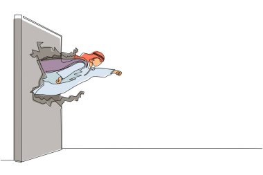 Tek sıra halinde, süper Arap işadamı yumruk atıyor ve duvarı yıkıyor. Uçan adam duvarı yıkıyor. İş konsepti gücü, başarı ve zorlukların üstesinden gelmek. Modern sürekli çizgi tasarım vektörü