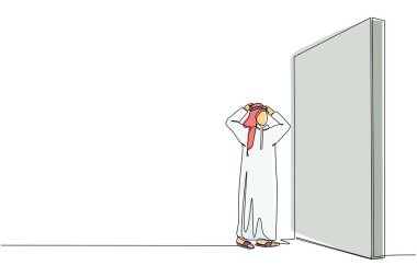 Tek sıra halinde duran Arap işadamı dev tuğla duvarların önünde şaşkın şaşkın duruyordu. Yanlış iş kararı, hata, çıkmaz sahne. Devamlı çizgi çizimi grafik vektörü