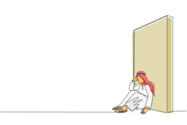 Aralıksız çizilen tek sıra Arap işadamını üzüyor ve duvara yaslanıyor. Başarısızlıktaki iş kavramı, üzgün, yalnız, iflas ya da olumsuz ifade. Bir çizgi çizme tasarım vektörü