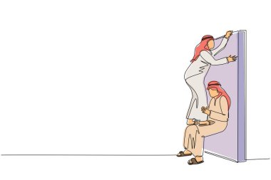 Bir çizgi, Arap işadamının bir işadamını tuğla duvarın üstünden kaldırmasına yardım ediyor. Yardım, yardım ve takım konsepti. İş metaforu. Devamlı çizgi tasarımı grafik vektör illüstrasyonu