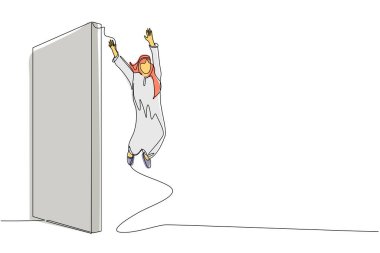 Aralıksız bir sıra çizen Arap işadamı duvarın üzerinden atlamayı başardı. Adam yeni bir deneyim kazanmak için duvarın üzerinden atlıyor. Eğlenceli ve heyecanlı. Tek çizgi çizimi tasarım vektörü grafiği