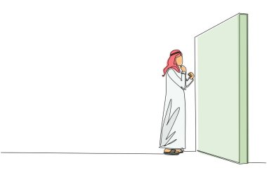 Tek sıra, Arap işadamını büyük bir engelin ya da duvarın önünde düşünmeye itiyor. Risk yönetimini temsil eden soyut. Çözüm bulmak ve problem çözmek. Bir çizgi çizme tasarım vektörü