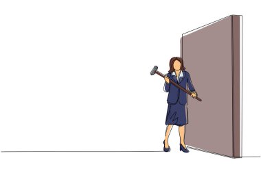 Duvara bakarken ayakta duran ve elinde büyük bir çekiç tutan tek sıra iş kadınını çekiyor. Hedef başarı, iş stratejisi. Sorunların üstesinden başarıyla geldik. Bir çizgi çizme tasarım vektörü