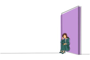 Aralıksız bir sıra, üzgün iş kadınını yere yatırıp duvara yaslıyor. Başarısızlıktaki iş kavramı, üzgün, yalnız, iflas ya da olumsuz ifade. Tek çizgi çizme tasarım vektörü