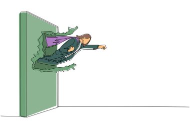 Süper iş kadını yumrukları atan ve duvarı yıkan tek satır. Uçan adam duvarı yıkıyor. İş konsepti gücü, başarı ve zorlukların üstesinden gelmek. Modern sürekli çizgi tasarım vektörü