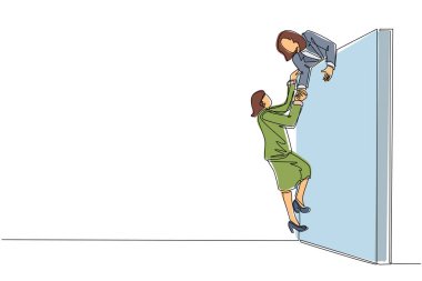 Bir iş kadınının başka bir iş kadınının duvara tırmanmasına yardım etmesi. Başarılı bir iş kadını, bir diğerinin tuğla duvarı aşmasına yardım ediyor. Bir çizgi tasarım vektörü
