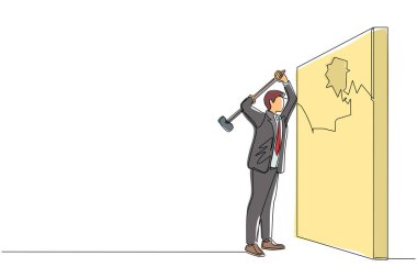 Tek sıra halinde işadamı çekiçle duvara vuruyor. Başarı için başarı yolu. Hedefe doğru bir atılım. İş dünyasının liderliği. Güçlü insanlar. Bir çizgi çizme tasarım vektörü
