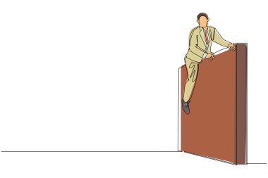 Tek sıra çizen işadamı, onu engelleyen ve zorlukları yenen engelleri aştı. Zafere ulaşmak için zorlukların üstesinden gelmek. Aralıksız çizgi çizimi tasarım grafik vektör çizimi